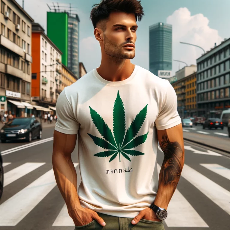 DALL·E 2024-04-13 13.24.12 - Create an image for a Cannabis Merch Shop's photo gallery featuring a man in a stylish T-shirt appropriate for a streetwear fashion brand. The man sho