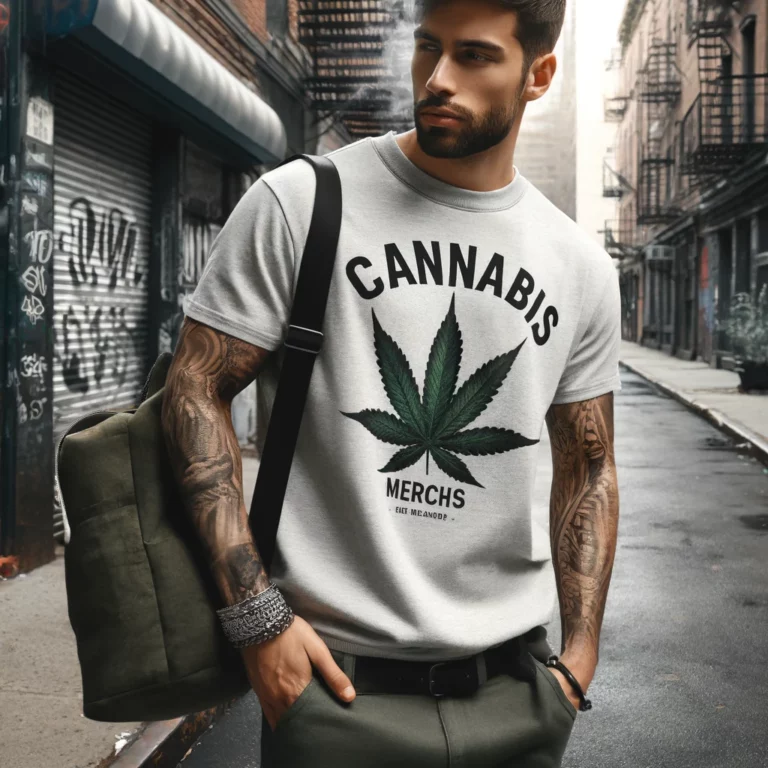 DALL·E 2024-04-13 13.25.11 - Design a photo for a Cannabis Merch Shop's gallery, showcasing another man dressed in a stylish and cool T-shirt fitting the streetwear fashion theme