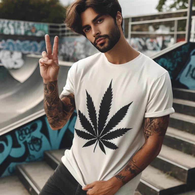 DALL·E 2024-04-13 13.25.26 - Generate a photo for a Cannabis Merch Shop's collection, displaying a man in a trendy T-shirt with a cannabis motif. The man should be in an urban env