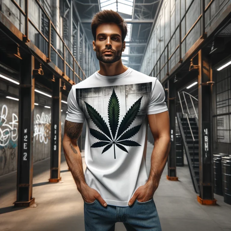DALL·E 2024-04-13 13.27.22 - Create a captivating image for a Cannabis Merch Shop's gallery, featuring a man dressed in a cannabis-inspired T-shirt, in a setting that fits a stree